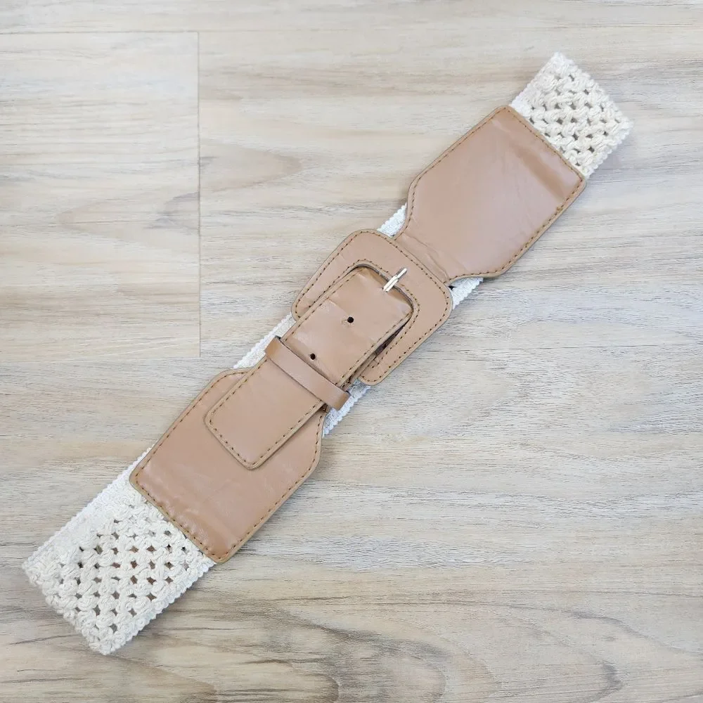 🩵Cream & Brown Wide Elastic Woven Knit Belt Large